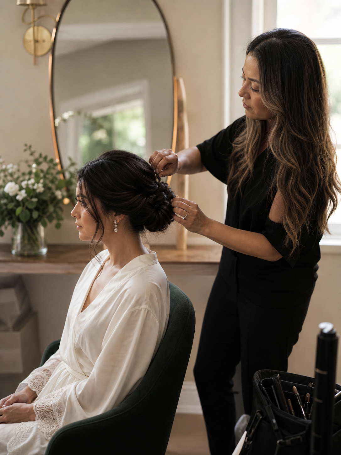 Bridal hairstylist finishing a bride's updo